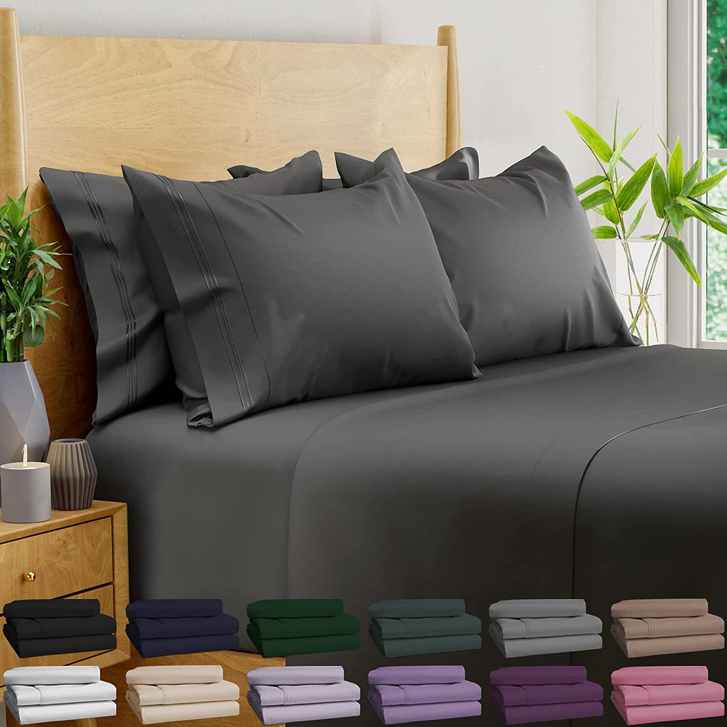 Viscose Derived from Bamboo Sheets California King - 6PC Set - Super Soft Cooling Sheets - up to 16’’ Deep Pocket - Luxury Series -1 Flat Sheet,1 Fitted Sheet,4 Pillowcases (Stonegrey)