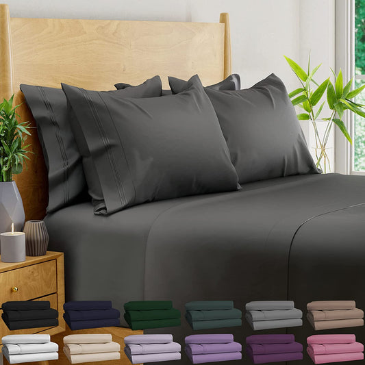 Viscose Derived from Bamboo Sheets California King - 6PC Set - Super Soft Cooling Sheets - up to 16’’ Deep Pocket - Luxury Series -1 Flat Sheet,1 Fitted Sheet,4 Pillowcases (Stonegrey)
