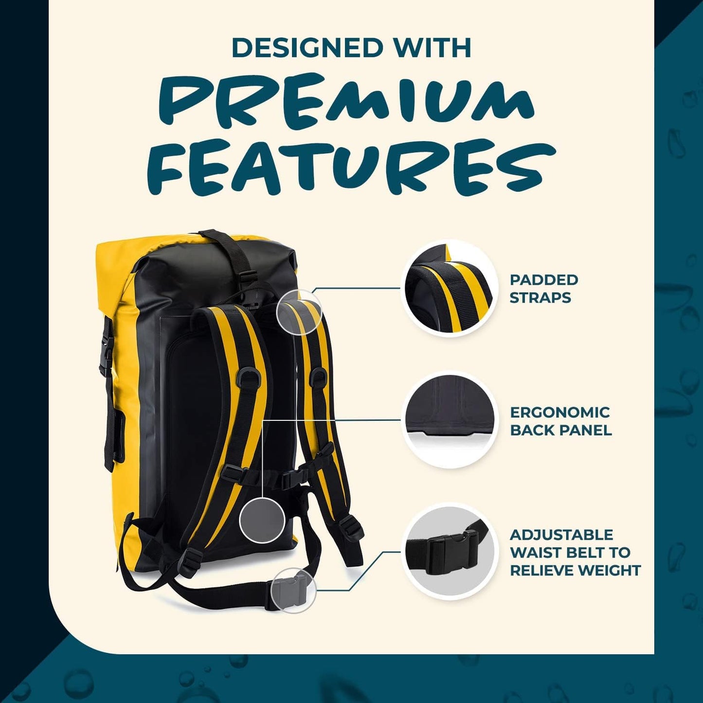 Waterproof Backpack - Heavy Duty Roll-Top Closure with Easy Access Front-Zippered Pocket and Cushioned Padded Back Panel for Comfort with IPX8 Waterproof Phone Case (Yellow, 35L)