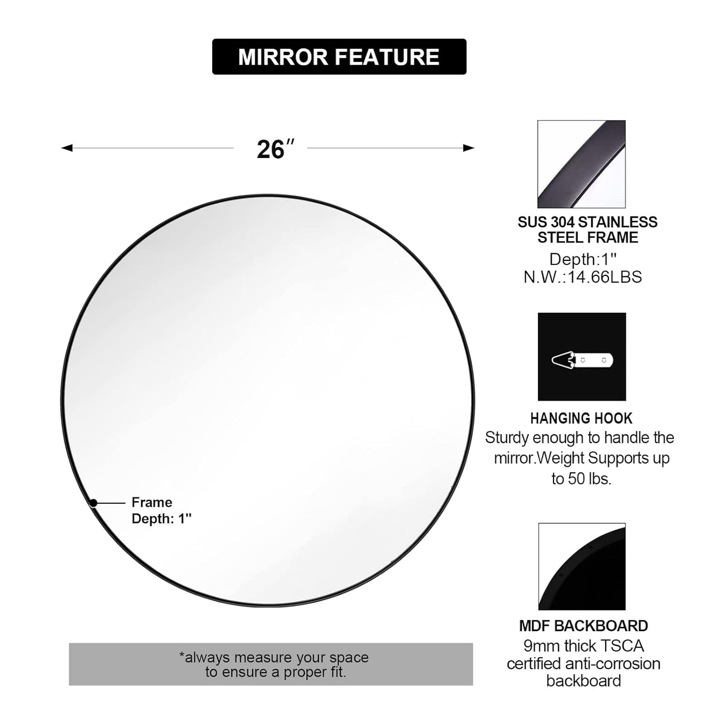 round Wall Mirror, Black round Mirror, round Bathroom Mirror, Matte Black Circle Mirror, 26’’ round Mirror Antique Black Stainless Steel Frame