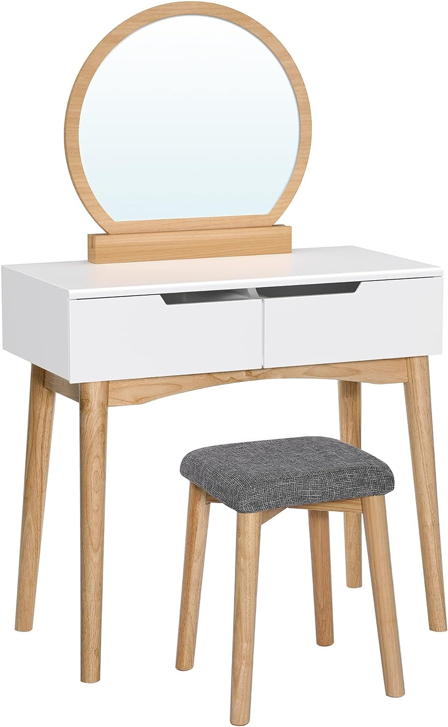 Vanity Table, Makeup Vanity Desk with Rounded Mirror, 2 Drawers, Vanity Set with Upholstered Stool, for Bathroom, Bedroom, Natural and White URDT11K