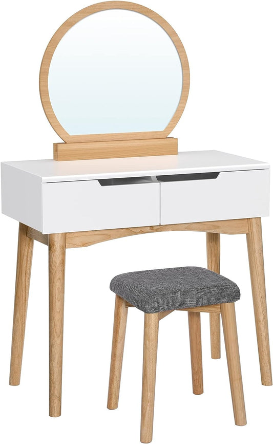 Vanity Table, Makeup Vanity Desk with Rounded Mirror, 2 Drawers, Vanity Set with Upholstered Stool, for Bathroom, Bedroom, Natural and White URDT11K