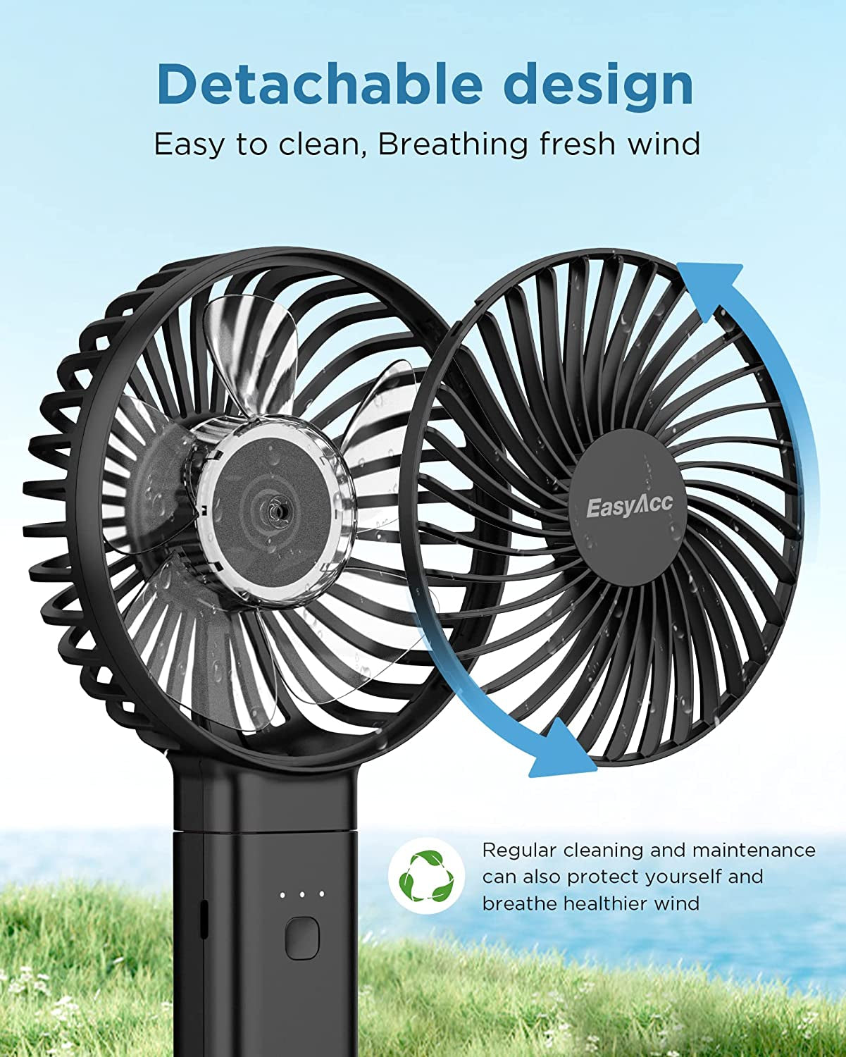 Handheld Fan, 2024 Newly Powerful Quiet Portable Fan Small Desk Fan [ 4 Speed/Battery Indicator/Easy Clean] 17H Battery Operated Fan One Touch Power off Personal Fan for Travel Outdoor
