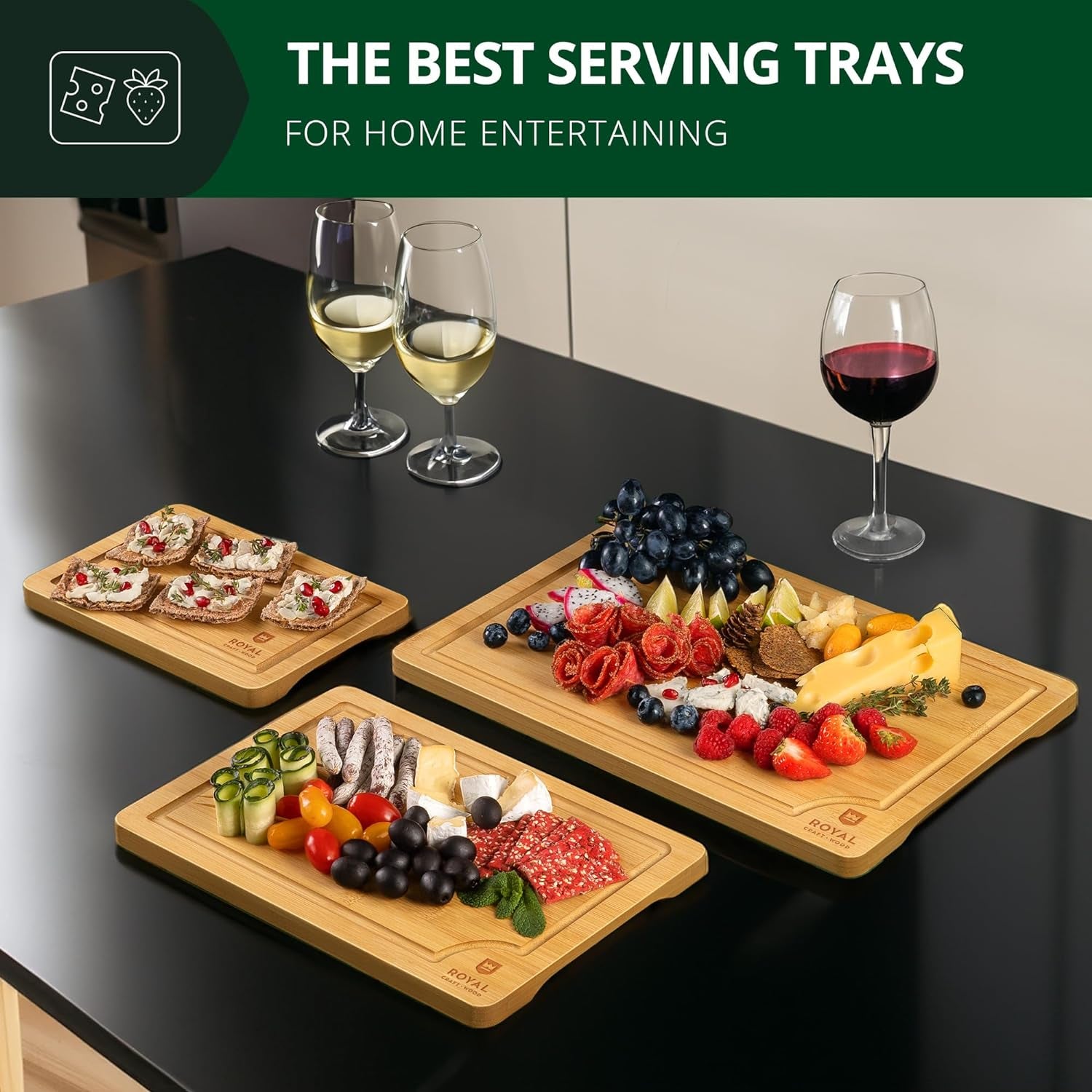 Cutting Boards for Kitchen - Bamboo Cutting Board Set of 3, Cutting Boards with Juice Grooves, Serving Board Set, Thick Chopping Board for Meat, Veggies, Easy Grip Handle
