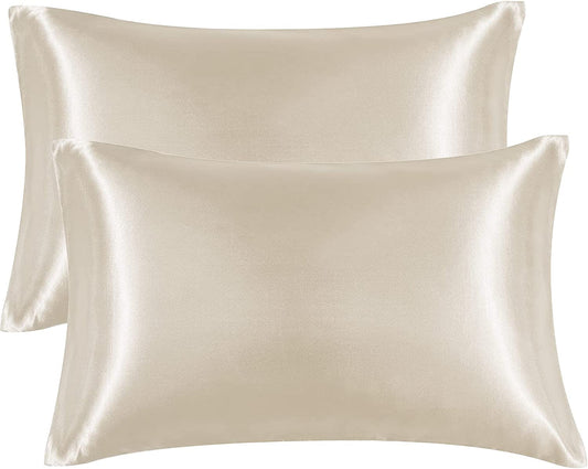 Satin Pillowcase Queen Set of 2, Silk Pillowcases for Hair and Skin, Beige Pillow Cases 2 Pack, Soft Pillow Cover with Envelope Closure, 20X30 Inches