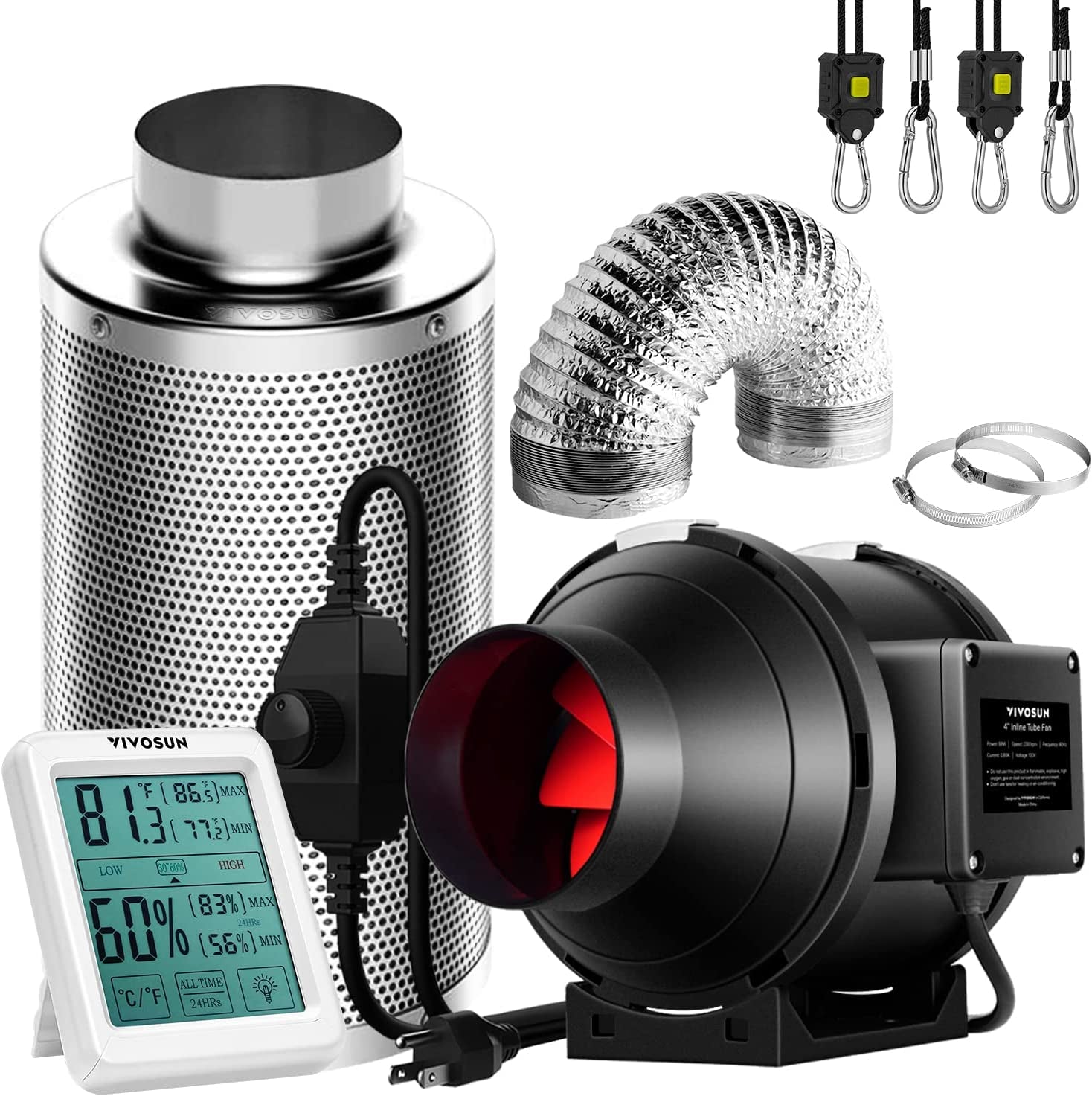 4 Inch 190 CFM Inline Fan with Speed Controller, 4 Inch Carbon Filter and 8 Feet of Ducting, Temperature Humidity Monitor for Grow Tent Ventilation