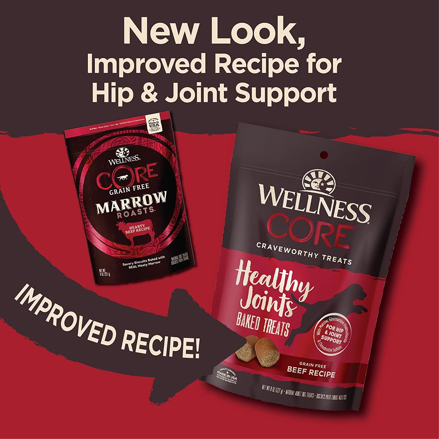 Wellness Core Marrow Roasts Natural Grain Free Dog Treats, Beef, 8-Ounce Bag with Grain Free Dog Treats, Turkey Recipe