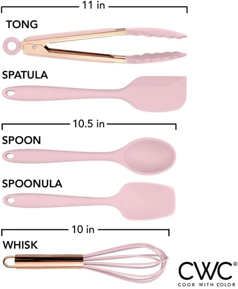 Silicone Cooking Utensils, 5 Pc Kitchen Utensil Set, Easy to Clean, Cooking Utensils for Nonstick Cookware, Kitchen Gadgets Set - Pink and Copper