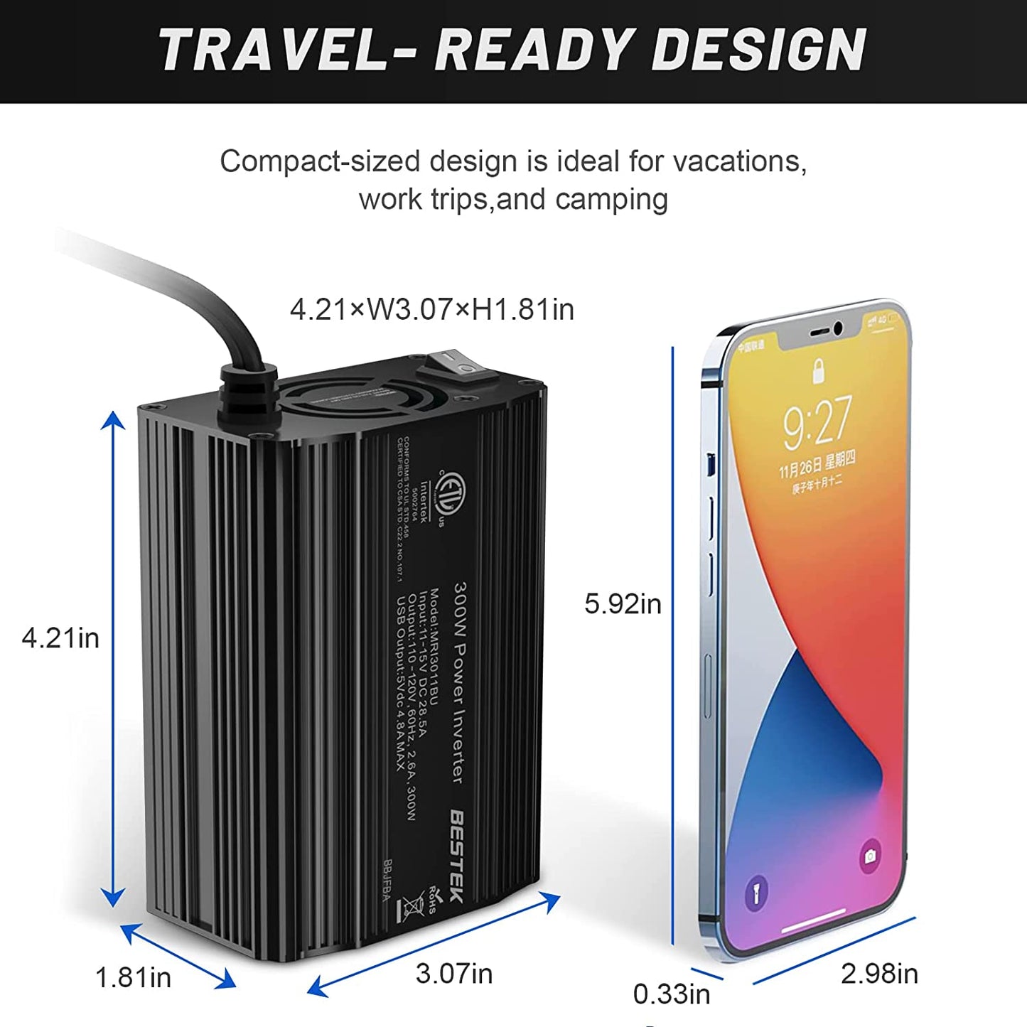 300W Power Inverter DC 12V to 110V AC Car Charger Converter with 4.2A Dual USB Ports and 2 AC Outlets Adapter (Black)
