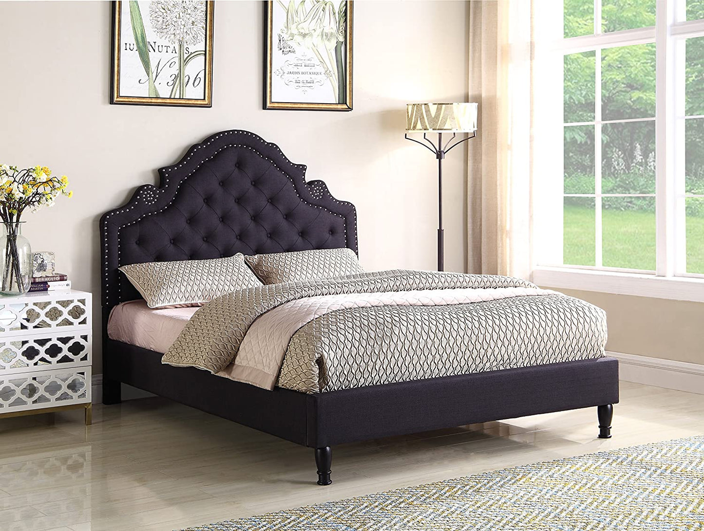 Premiere Classics 51" Tall Platform Bed with Cloth Headboard and Slats - Full (Black Linen)