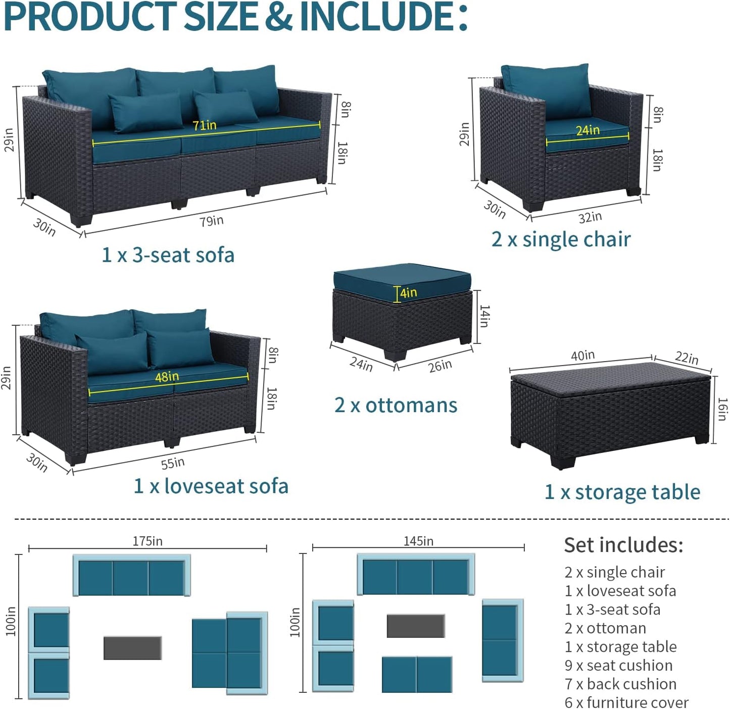 Patio Furniture Set 7 Pieces Couch Outdoor Chairs Coffee Table Peacock Blue Anti-Slip Cushions and Waterproof Covers