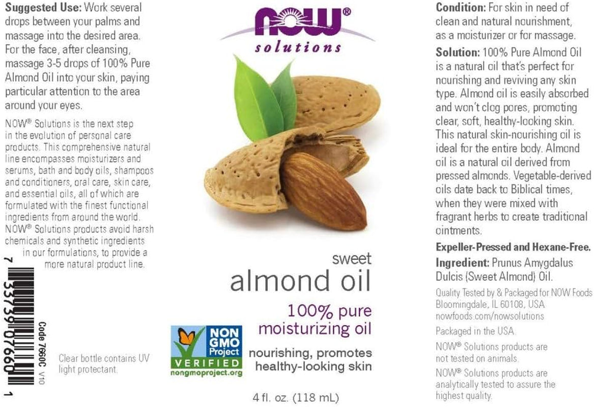 Solutions, Sweet Almond Oil, 100% Pure Moisturizing Oil, Promotes Healthy-Looking Skin, Unscented , 4-Ounce