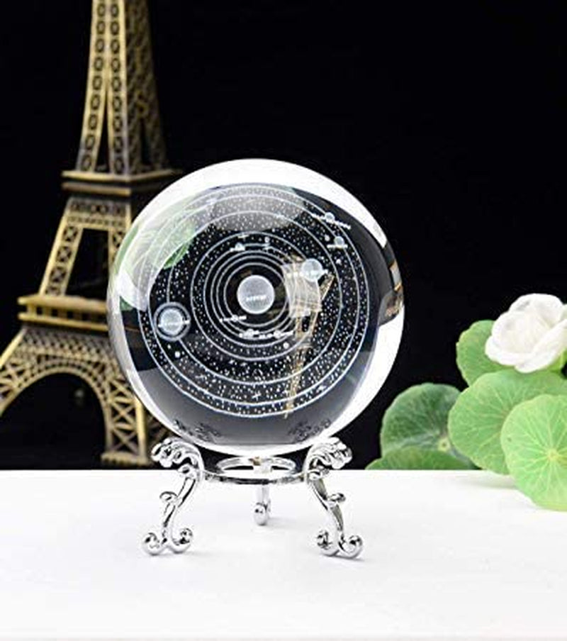 Crystal 2.4 Inch (60Mm) Solar System Crystal Ball with Sliver-Plated Flowering Stand,Fengshui Glass Ball Home Decoration