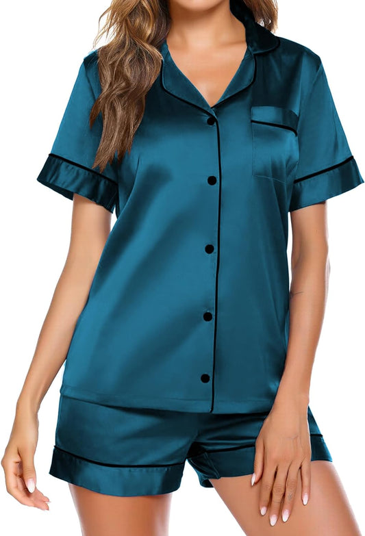 Silk Pajama Set Women'S Summer Cute Pjs Soft Short Sleeve Shirt and Boxer Shorts Satin Sleepwear Gift Set Blue Green,Medium