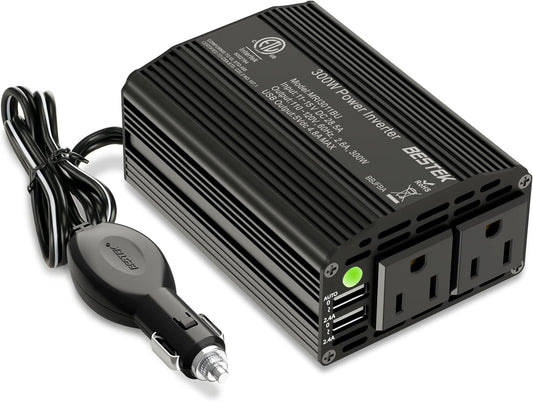 300W Power Inverter DC 12V to 110V AC Car Charger Converter with 4.2A Dual USB Ports and 2 AC Outlets Adapter (Black)