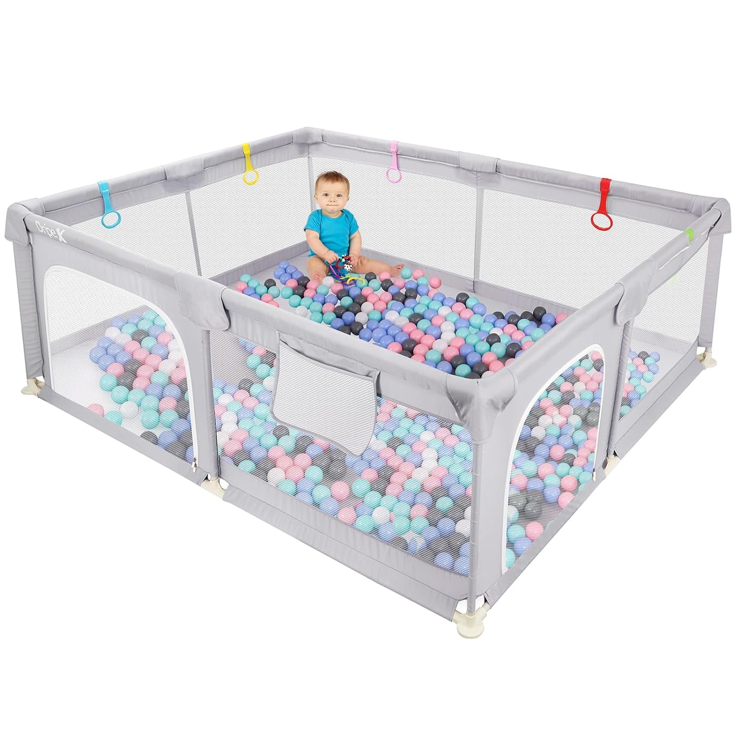 Baby Playpen, 79"X59" Large Play Pens for Babies and Toddlers, Safe Anti-Fall Play Yard, Visible Baby Play Pen with Gate, Baby Fence Play Area with Pull-Up Ring, Washable Baby Play Yards, Grey