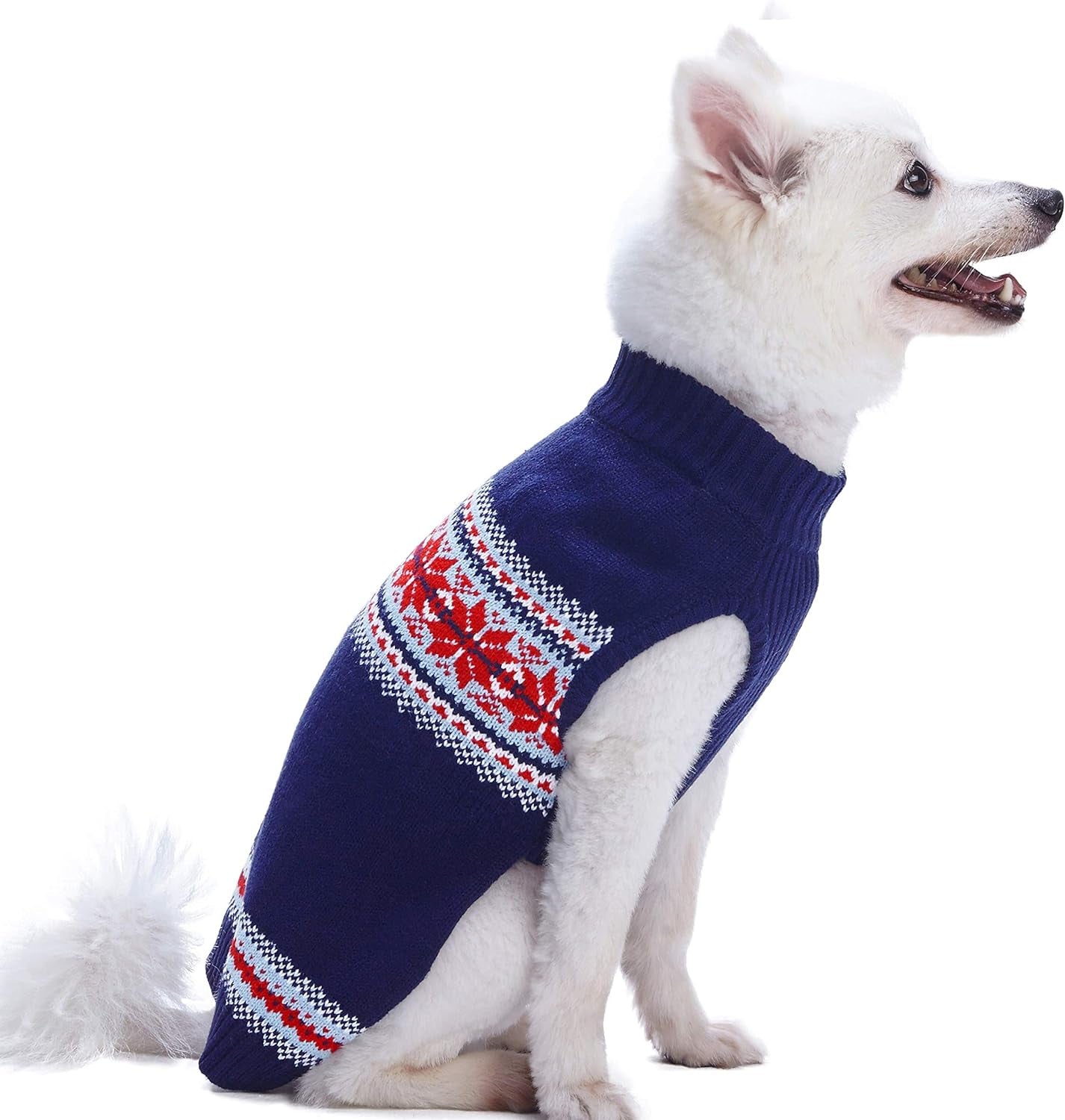 Christmas Holiday Chic Secret Fair Isle Snowflakes Dog Sweater in Navy Blue, Back Length 10", Pack of 1 Clothes for Dogs