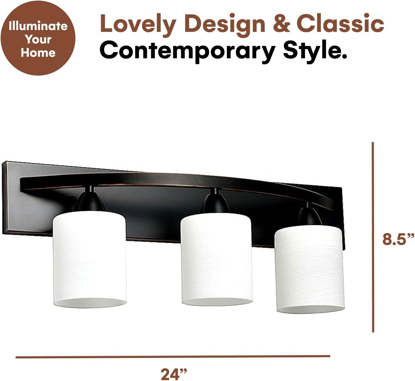 Bathroom Vanity Light Fxiture | Interior Bathroom Lighting Bar with Modern Milk Glass Shade | Bathroom Lights over Mirror | Oil Rubbed Bronze, 3Lights, E26 100W LED, Bulbs Not Included