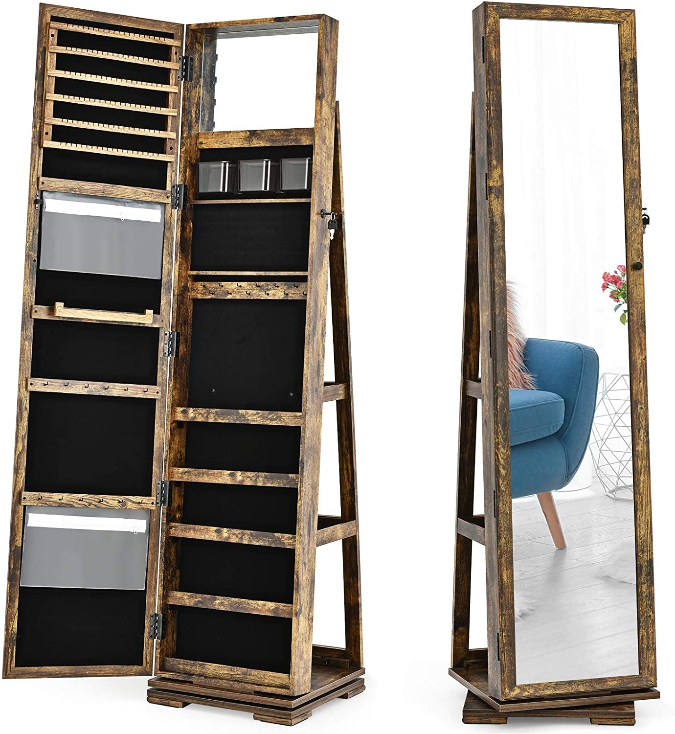 360° Swivel Jewelry Armoire with Higher Full Length Mirror, Standing Lockable Jewelry Cabinet Organizer, Large Storage Capacity, inside Makeup Mirror, Rear Storage Shelves (Rustic Brown)
