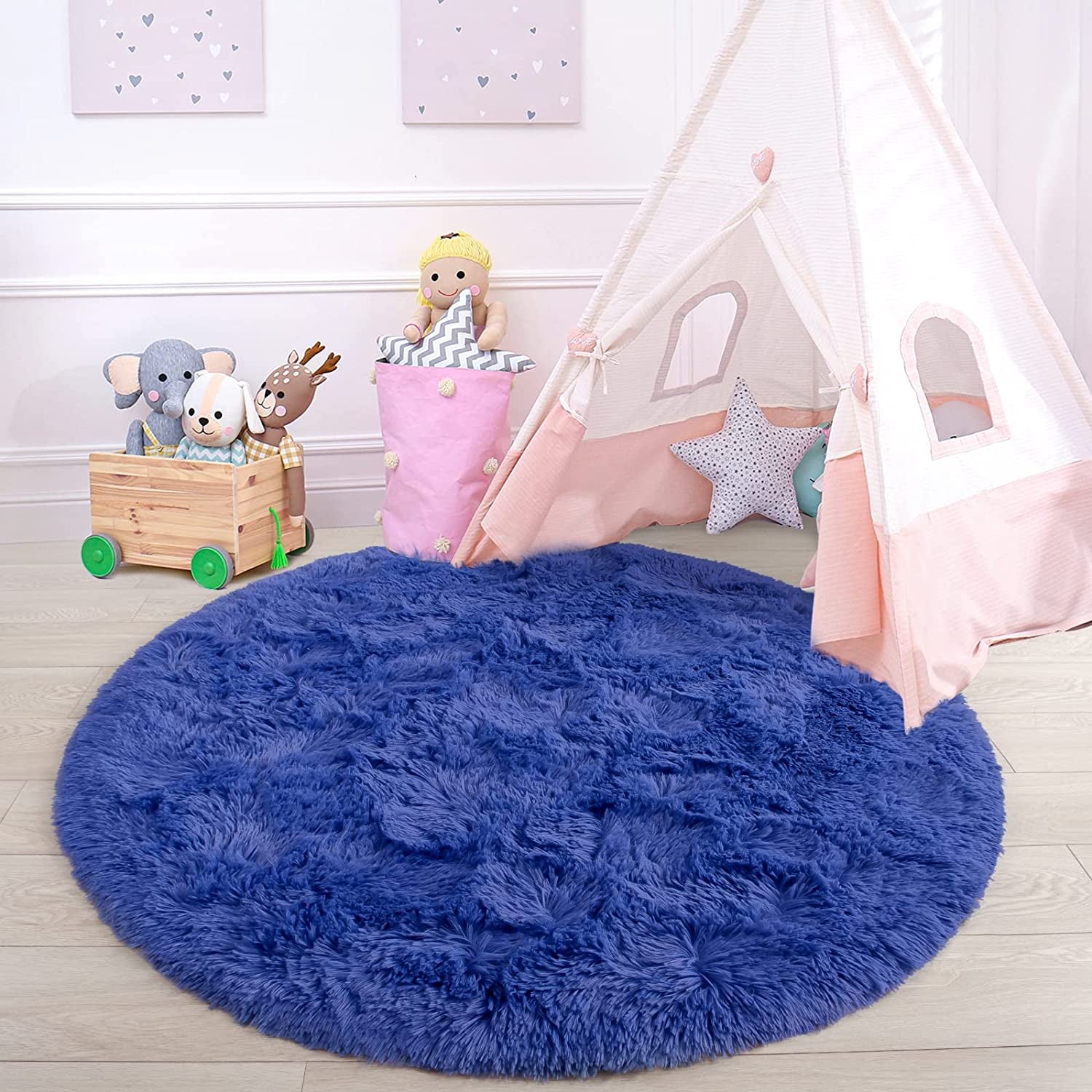 round Rug 6X6 Feet Fluffy Soft Area Rugs for Kids Girls Room Princess Castle Plush Shaggy Carpet Cute Circle Nursery Rug for Kids Teen'S Bedroom Home Decor Large Circular Carpet, Light Navy