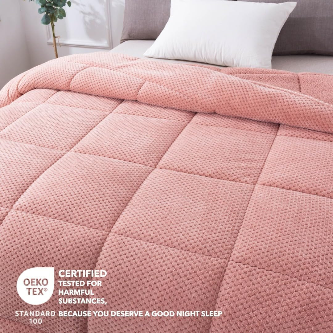 Super Ultra Soft Luxury Plush Sherpa Comforter, Cozy Reversible Fleece - Goose down Alternative Fill, Machine Washable Bedding, Sunset Rose Pink, King Size