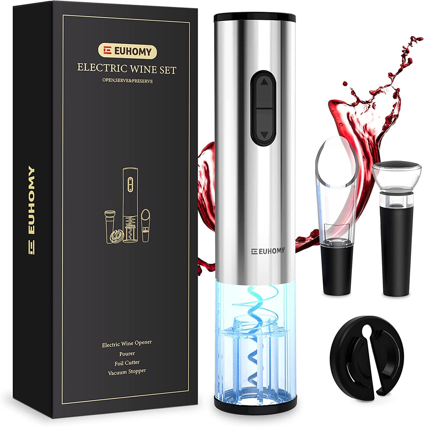 Electric Wine Opener with Battery,Reusable Stainless Steel Cordless Electric Wine Bottle Opener SET with 2-In-1 Aerator &Pourer, Foil Cutter, Vacuum Preservation Stoppers