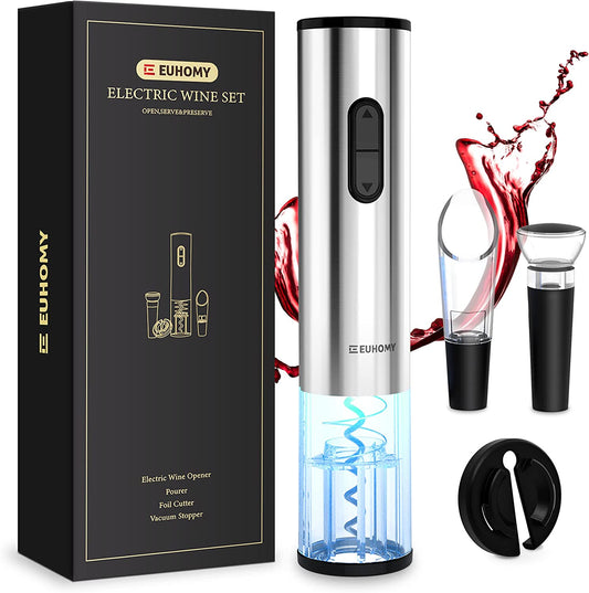 Electric Wine Opener with Battery,Reusable Stainless Steel Cordless Electric Wine Bottle Opener SET with 2-In-1 Aerator &Pourer, Foil Cutter, Vacuum Preservation Stoppers