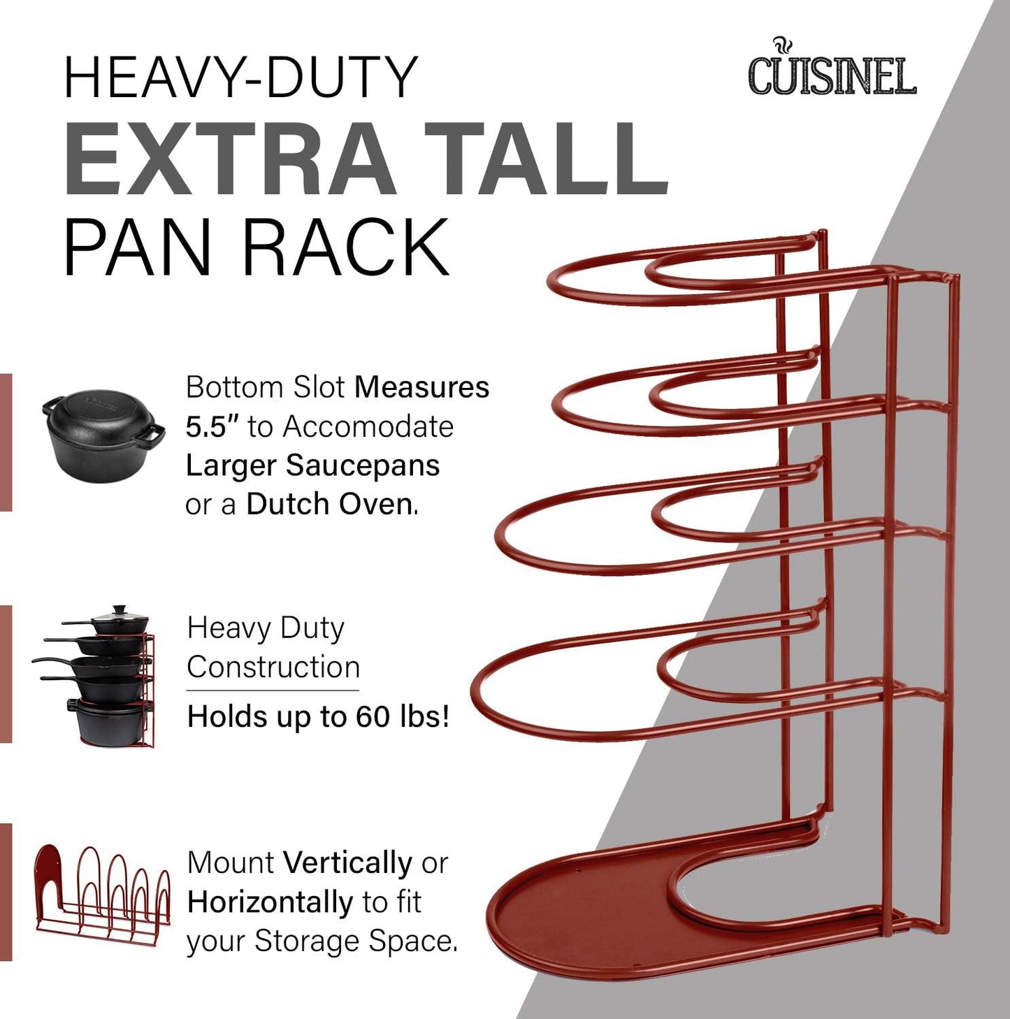 Heavy Duty Pots and Pans Organizer - Extra Large 5 Tier Pan Rack for Cast Iron Skillets, Griddles - Durable Construction - Space Saving Kitchen Storage - No Assembly Required - Red 15.4"-Inch