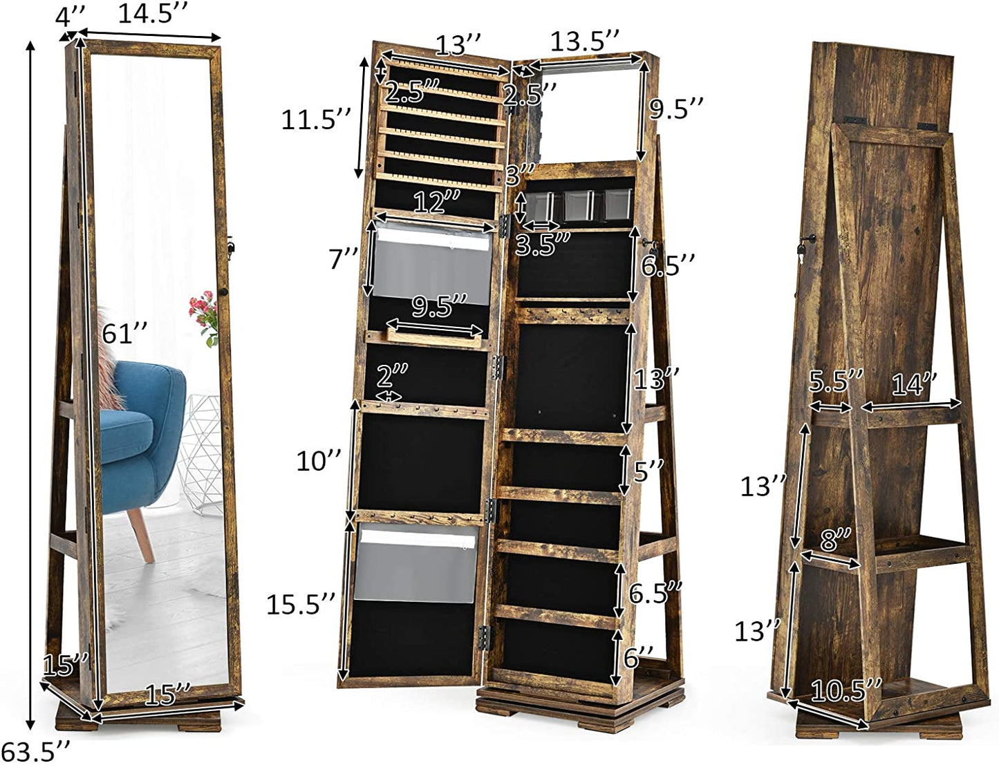 360° Swivel Jewelry Armoire with Higher Full Length Mirror, Standing Lockable Jewelry Cabinet Organizer, Large Storage Capacity, inside Makeup Mirror, Rear Storage Shelves (Rustic Brown)