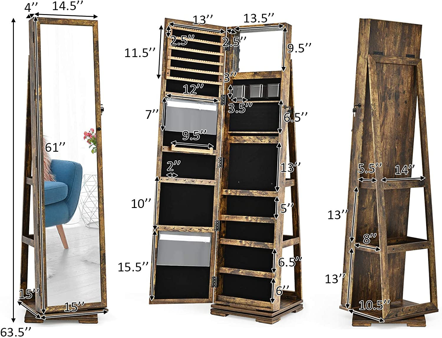360° Swivel Jewelry Armoire with Higher Full Length Mirror, Standing Lockable Jewelry Cabinet Organizer, Large Storage Capacity, inside Makeup Mirror, Rear Storage Shelves (Rustic Brown)