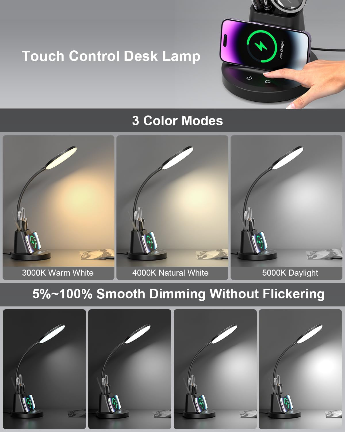 Desk Lamp with Wireless Charger for Home Office, Eye-Caring Reading Lamp 3 Color Modes Stepless Dimming LED Desk Lamp, Touch Table Lamp with Phone & Pen Holder, CRI90+, AC Adapter Included