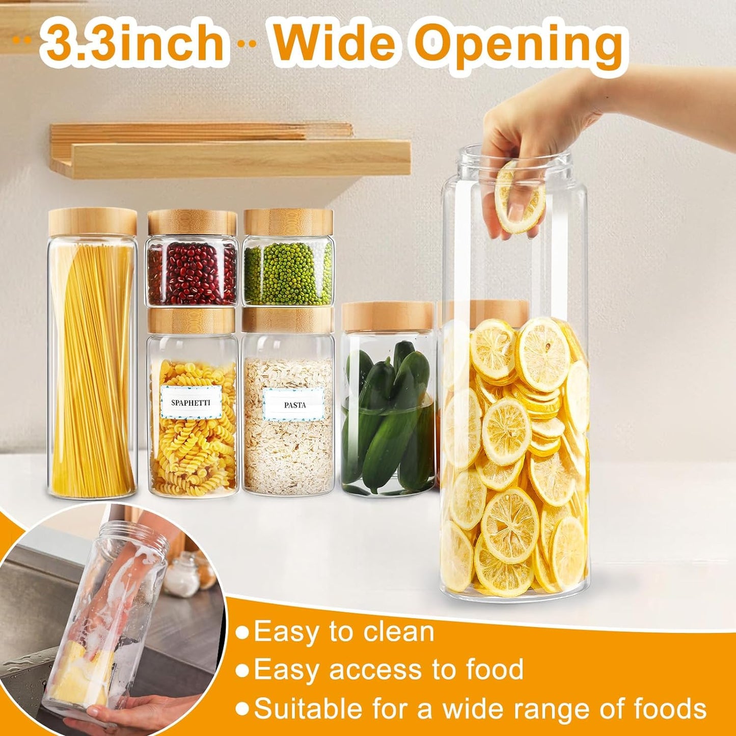 Glass Storage Containers with Lids, Glass Jars with Airtight Lid for Cookie, Pasta, Rice, Cereal, Flour Sugar Containers Storage, 3Pcs 80Oz Kitchen Canisters with Screw on Bamboo Lid