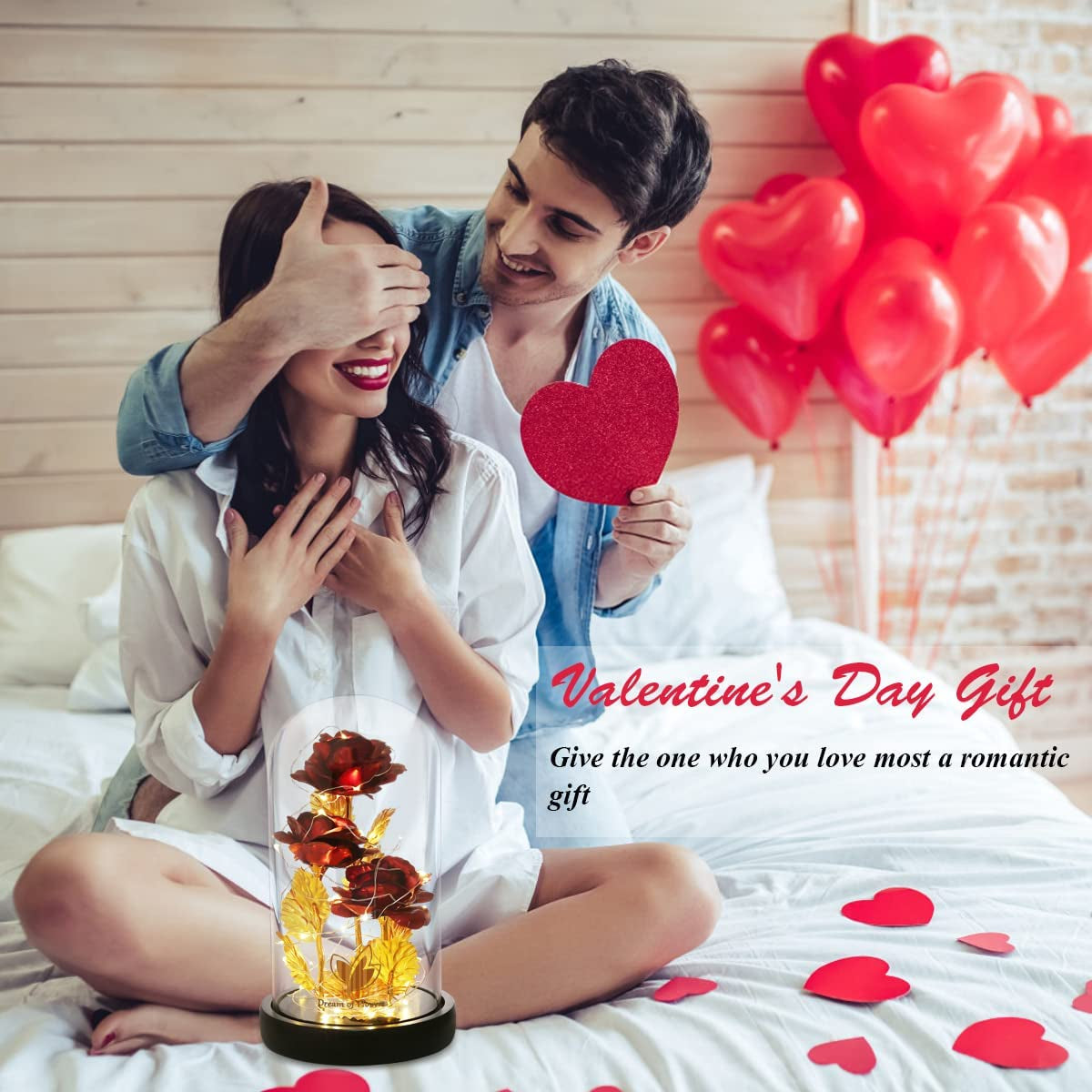 Valentines Day Gifts Beauty and the Beast Rose 24K Red Rose in Glass Dome, Light up Rose, Forever Artificial Flowers, Enchanted Red Rose Gift for Her on Valentines Day Wedding