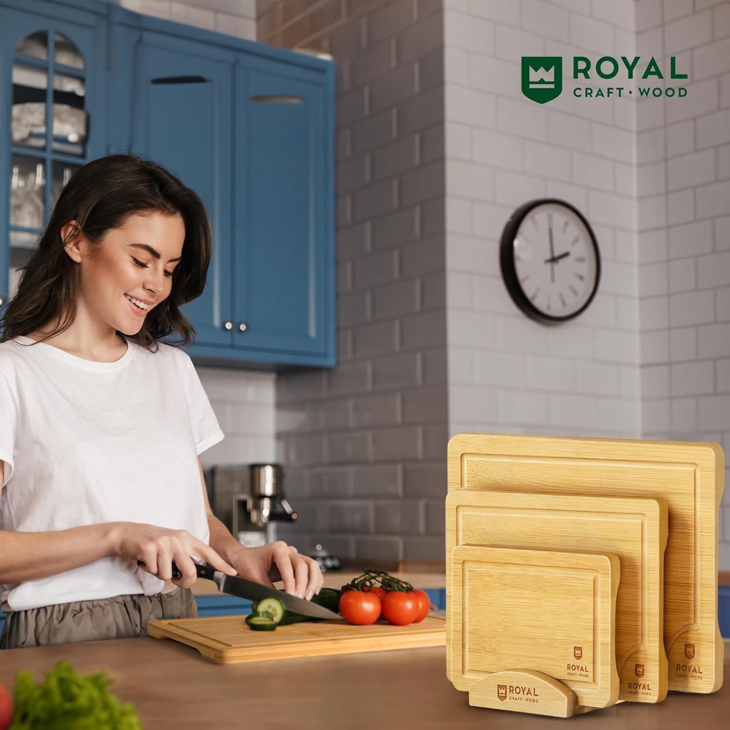 Cutting Boards for Kitchen - Bamboo Cutting Board Set of 3, Cutting Boards with Juice Grooves, Serving Board Set, Thick Chopping Board for Meat, Veggies, Easy Grip Handle