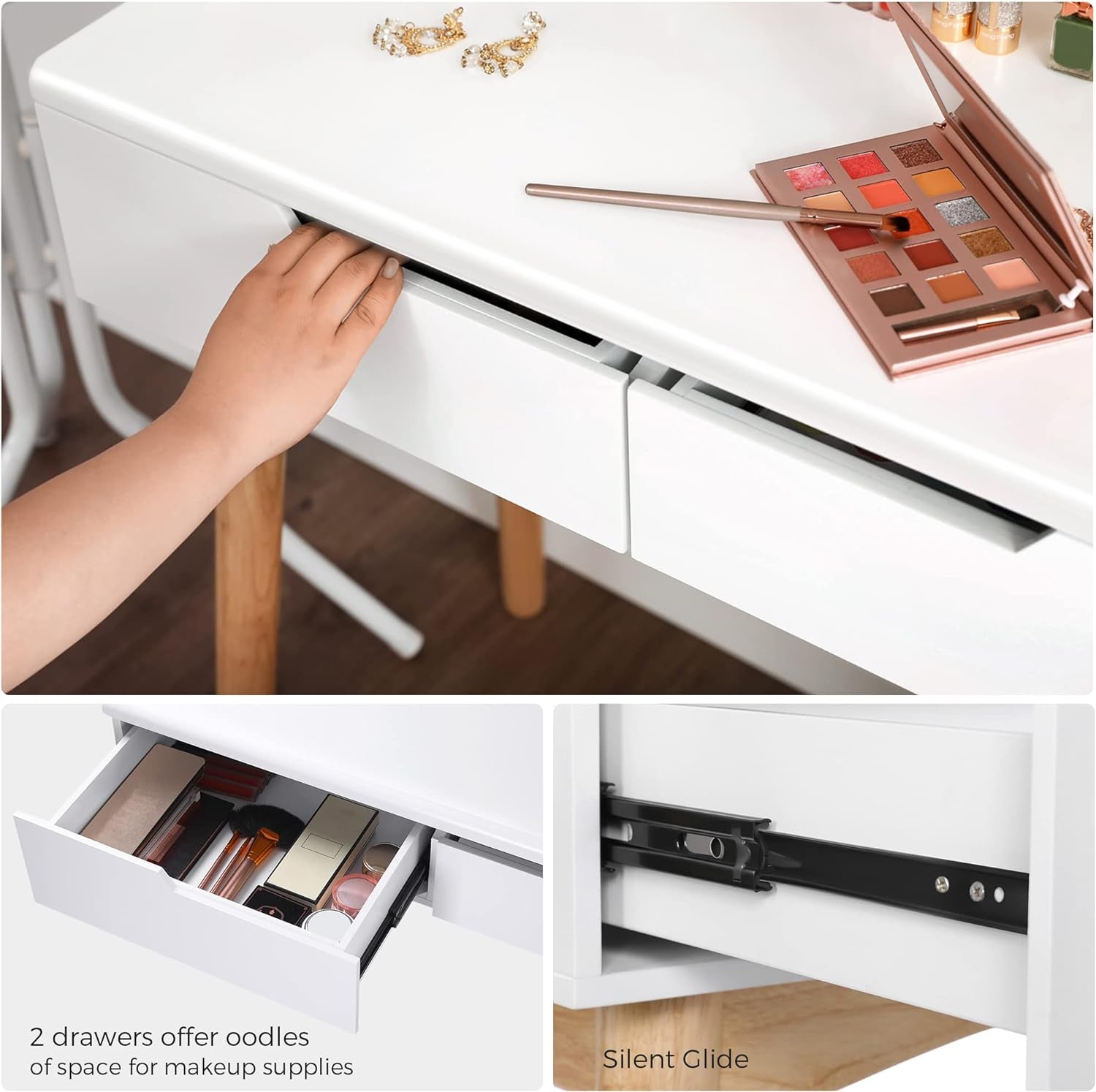 Vanity Table, Makeup Vanity Desk with Rounded Mirror, 2 Drawers, Vanity Set with Upholstered Stool, for Bathroom, Bedroom, Natural and White URDT11K