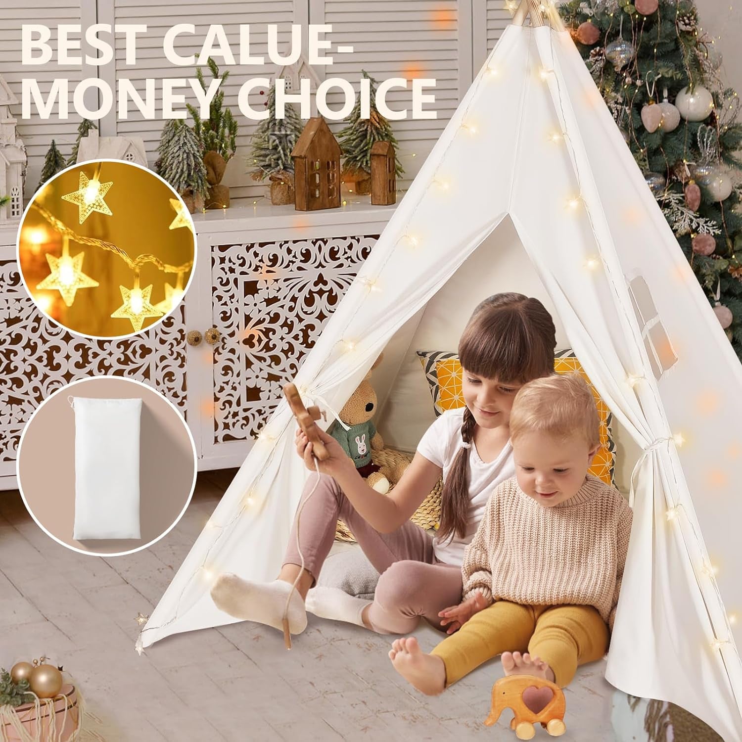 Teepee Tent for Kids with Carry Case, Natural Canvas Teepee Play Tent, Toys for Girls/Boys Indoor & Outdoor Playing (White Teepee Tent)