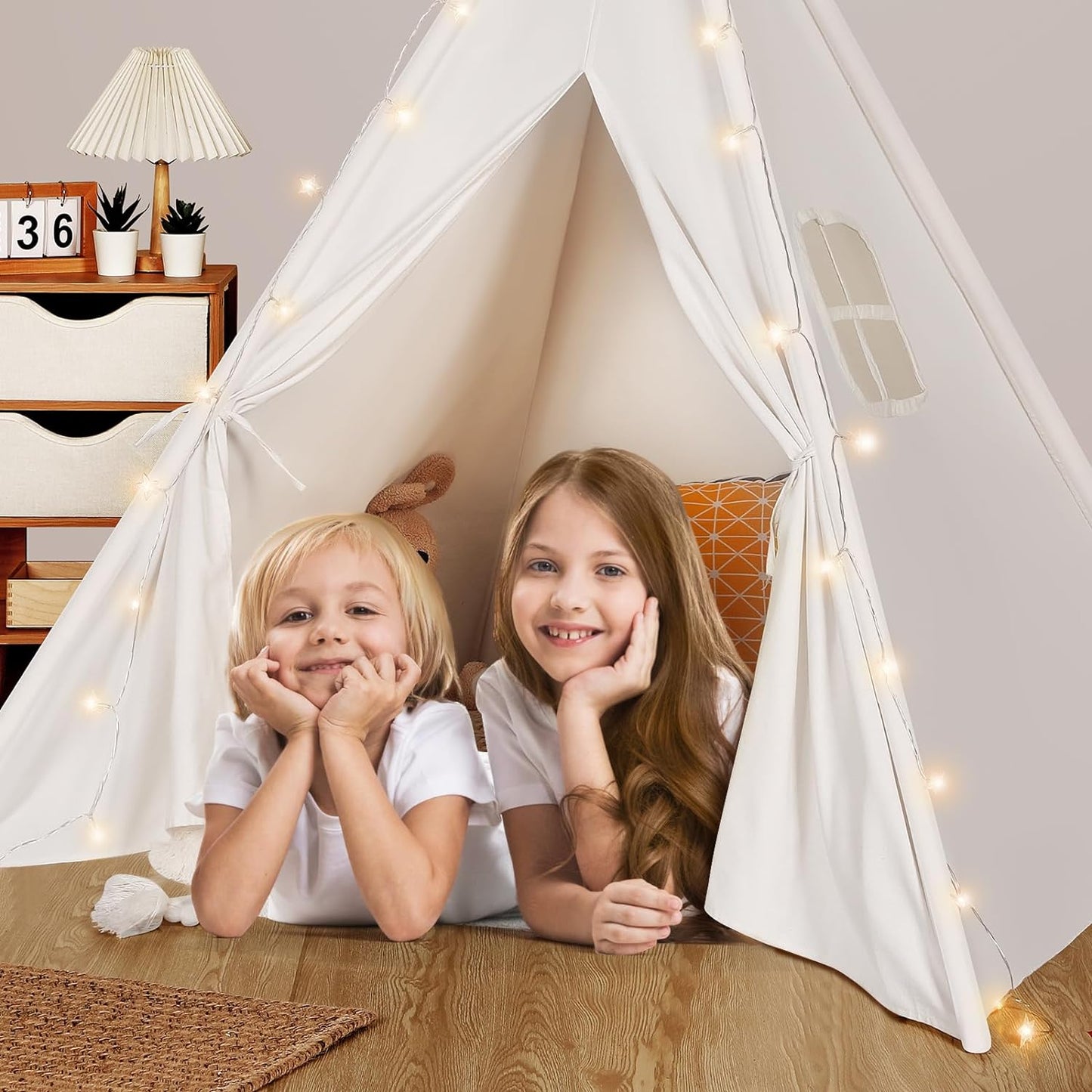 Teepee Tent for Kids with Carry Case, Natural Canvas Teepee Play Tent, Toys for Girls/Boys Indoor & Outdoor Playing (White Teepee Tent)