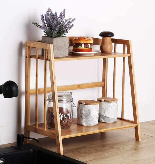 Bamboo Spice Rack Storage Shelves-2 Tier Countertop Storage Organizer for Kitchen&Bathroom,Makeup Organizer Display Shelf Standing Pantry Shelf, Desktop Book Shelf, Bottle Jars Rack Holder(Sector)
