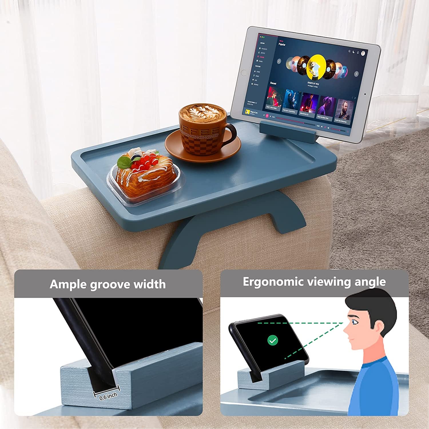 SINWNAT Couch Arm Tray, Bamboo Sofa Arm Clip on Tray Table,Sofa Armrest Tray with 360° Phone Holder,,Sofa Arm Table for Eating and Drinking Table