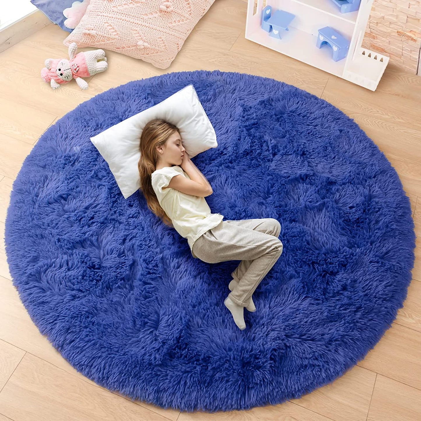 round Rug 6X6 Feet Fluffy Soft Area Rugs for Kids Girls Room Princess Castle Plush Shaggy Carpet Cute Circle Nursery Rug for Kids Teen'S Bedroom Home Decor Large Circular Carpet, Light Navy