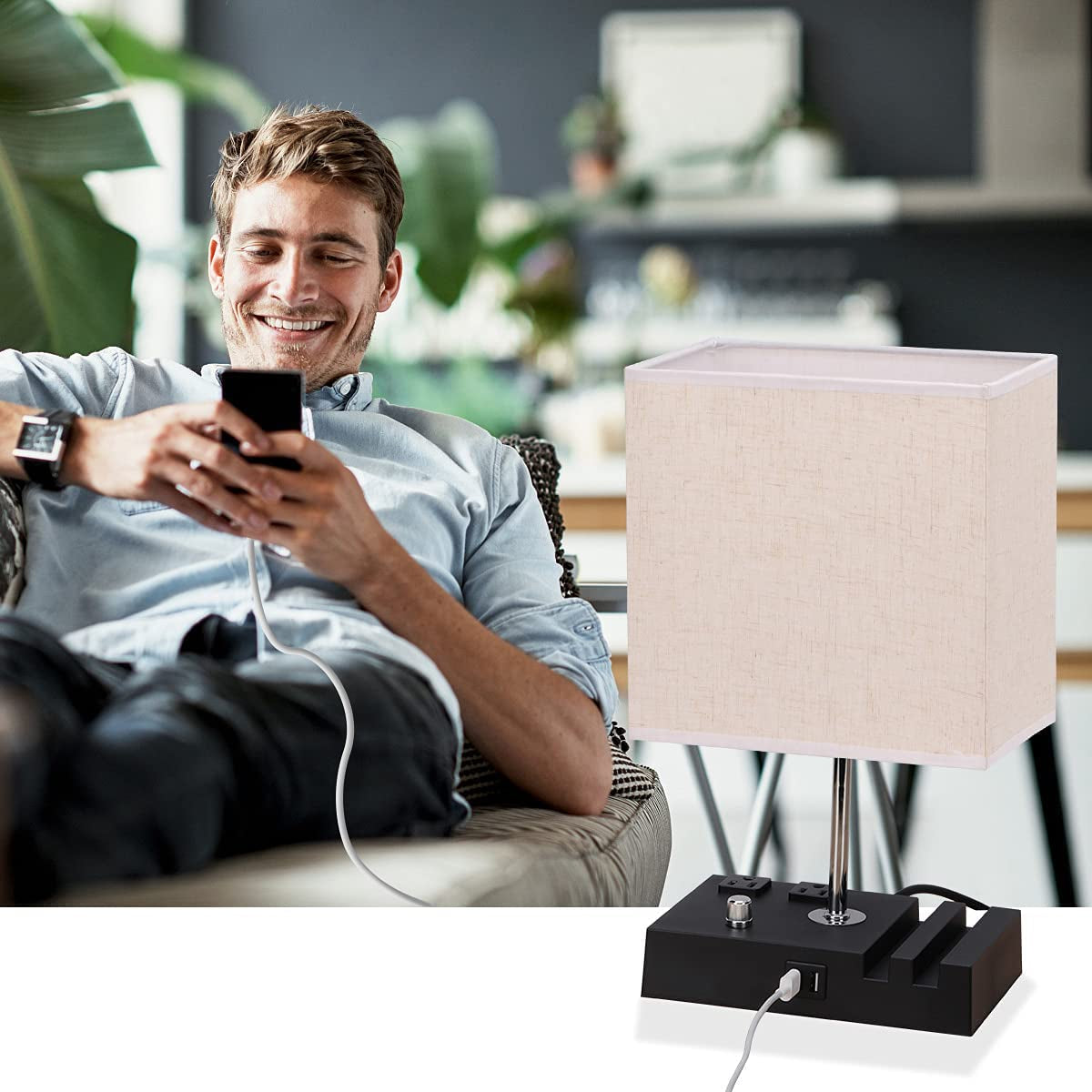 Fully Dimmable Table Lamp for Bedroom Living Room Dual USB Port Bedside Lamp for Nightstand Desk Lamps with Charging Station 2 Power Outlets, Fabric Lampshade LED Bulb Included (Black/Beige)