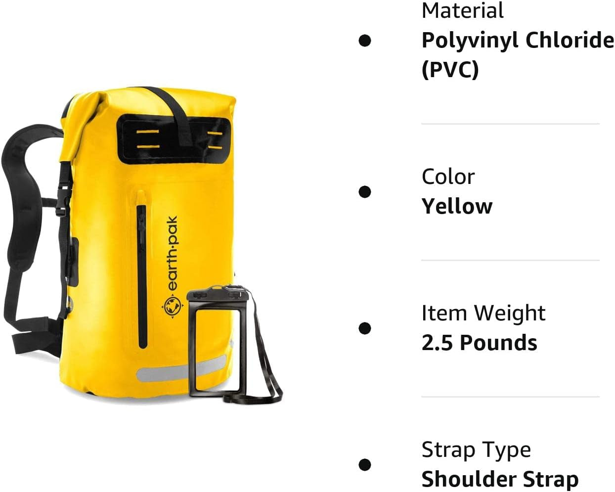 Waterproof Backpack - Heavy Duty Roll-Top Closure with Easy Access Front-Zippered Pocket and Cushioned Padded Back Panel for Comfort with IPX8 Waterproof Phone Case (Yellow, 35L)