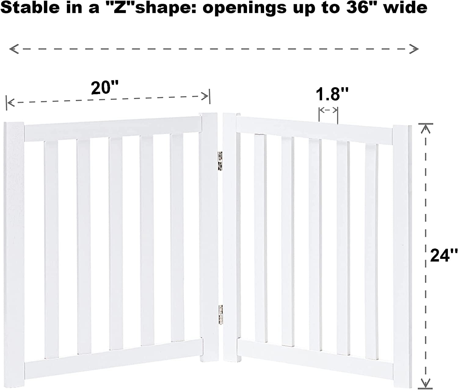 Solid Hardwood Freestanding Pet Gate,Wooden Dog Gates for Doorways,Nature Wood Dog Gates for the House,Dog Gate for Stairs,Freestanding Indoor Gate Safety Fence,White,24" Height-2 Panels
