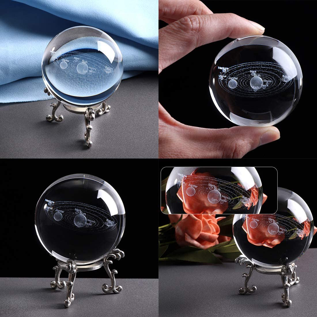Crystal 2.4 Inch (60Mm) Solar System Crystal Ball with Sliver-Plated Flowering Stand,Fengshui Glass Ball Home Decoration