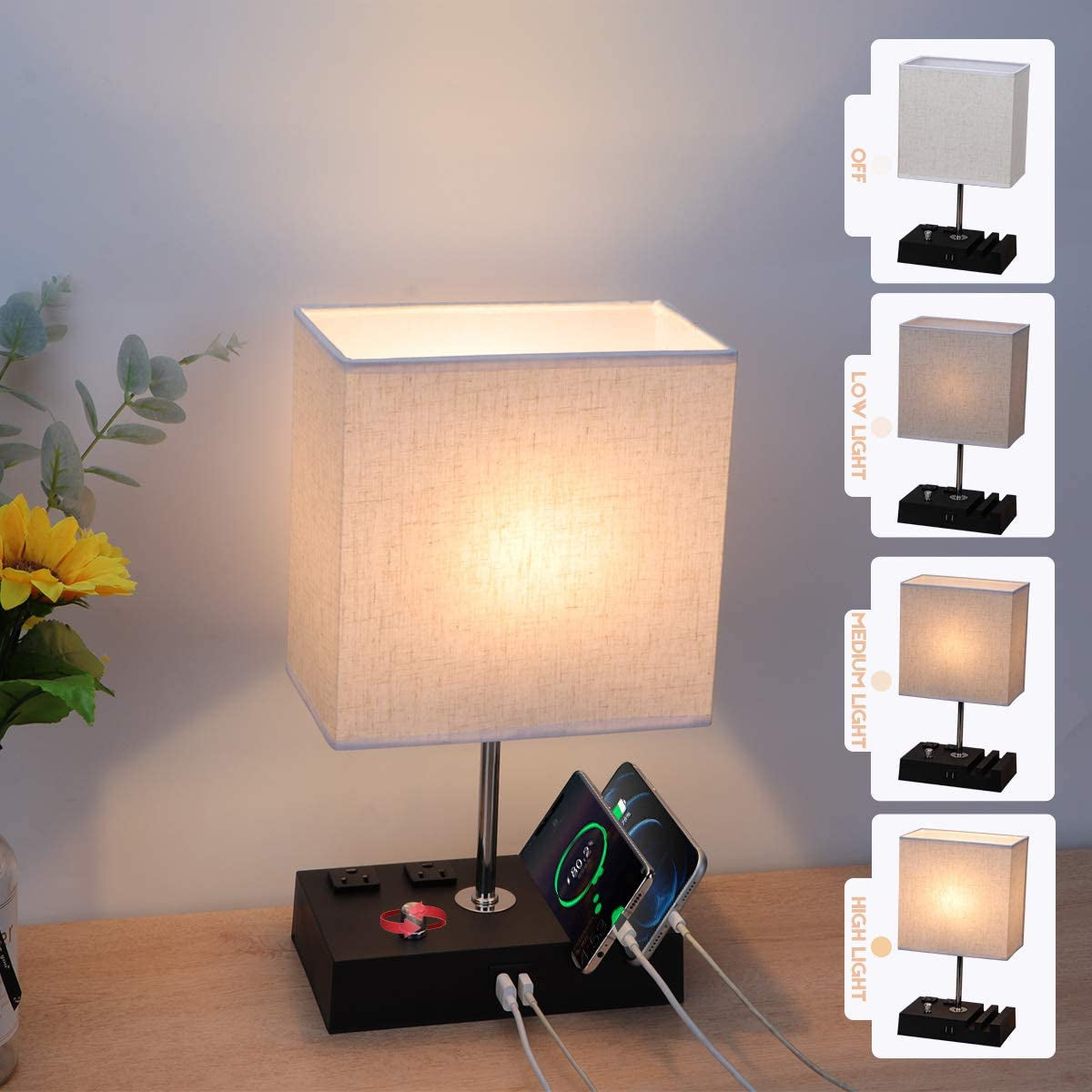Fully Dimmable Table Lamp for Bedroom Living Room Dual USB Port Bedside Lamp for Nightstand Desk Lamps with Charging Station 2 Power Outlets, Fabric Lampshade LED Bulb Included (Black/Beige)