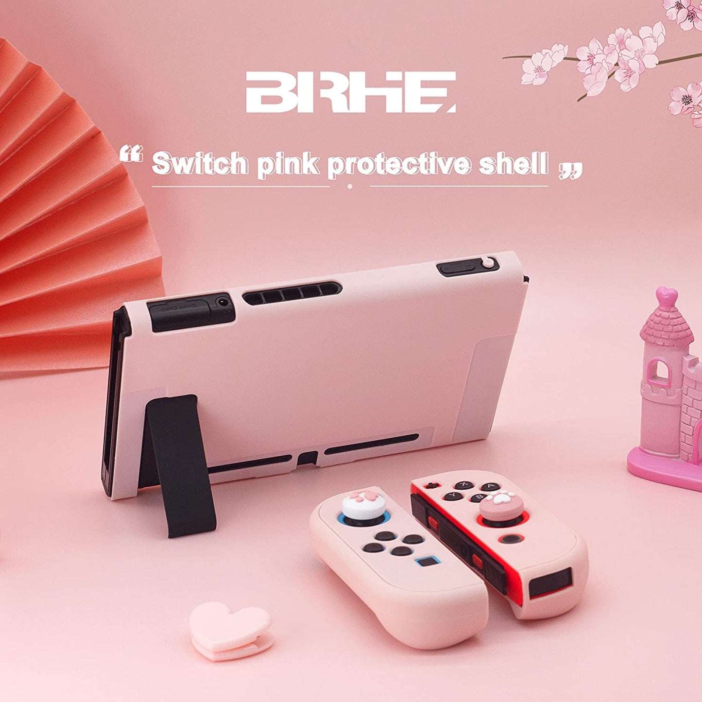 Protector Case for Nintendo Switch Cover Case with Glass Screen Protector, Anti-Scratch Shock-Absorption Grip Cover-Pink