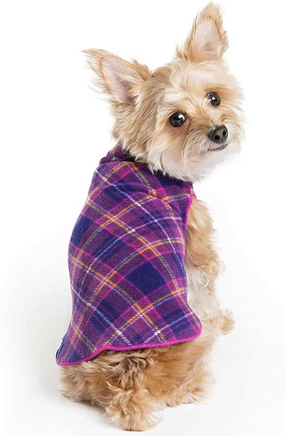Stretch Fleece Dog Coat, Stretchy Pet Sweater, Machine Washable Pullover for Winter and Fall, Mulberry Plaid, 12