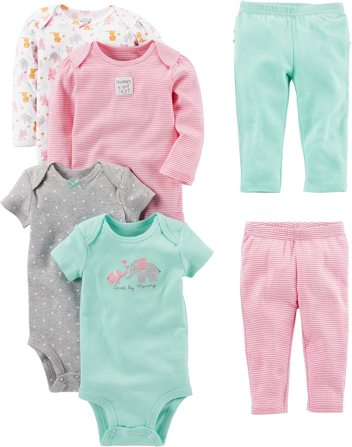 Baby-Girls 6-Piece Bodysuits (Short and Long Sleeve) and Pants Set