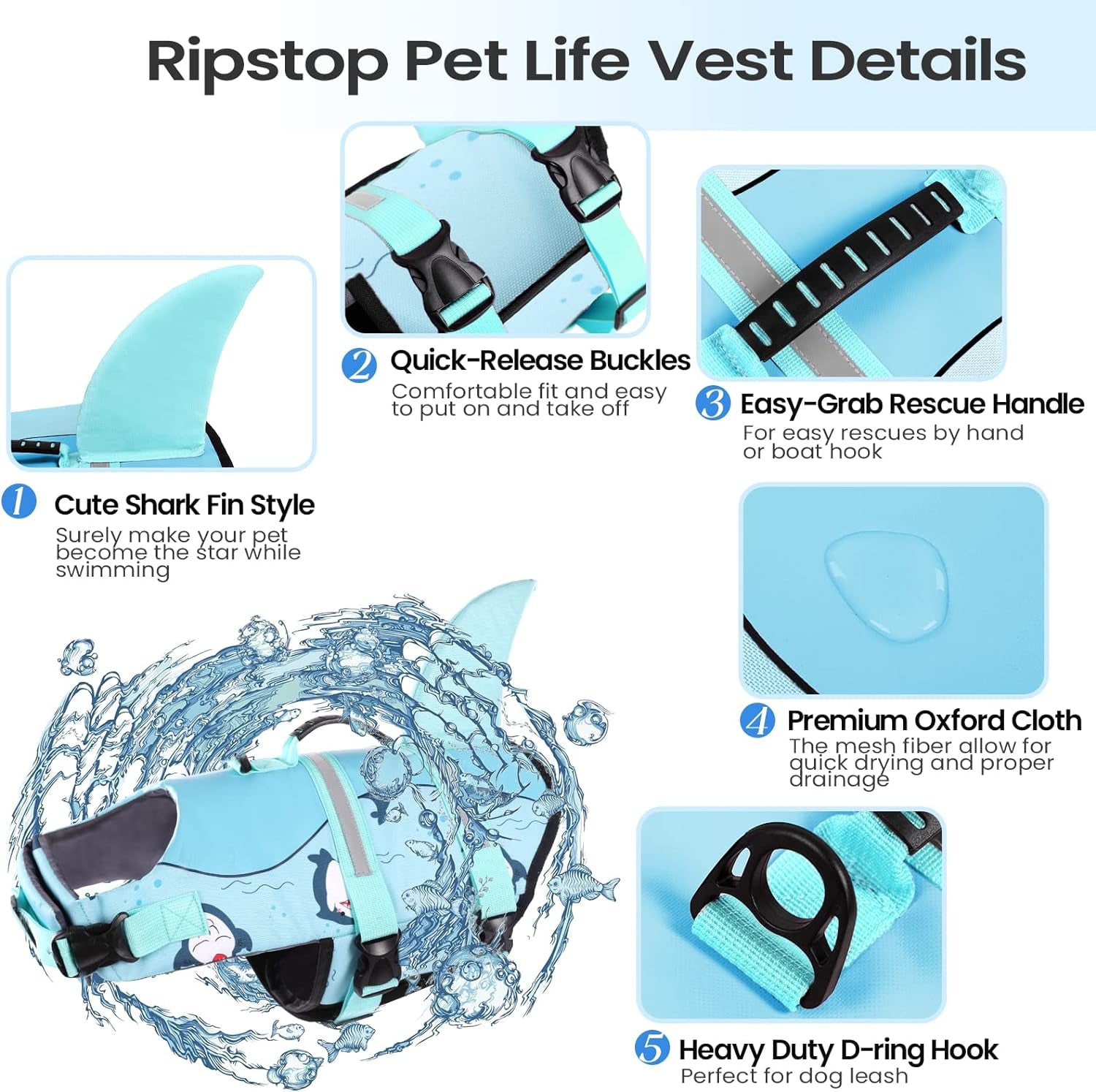 Dog Life Jacket, Large Dog Life Vest for Swimming Boating, Shark Life Jackets for Small Medium Large Dogs, Reflective Dog Lifesaver Life Preserver Swimsuit with Rescue Handle and High Buoyancy