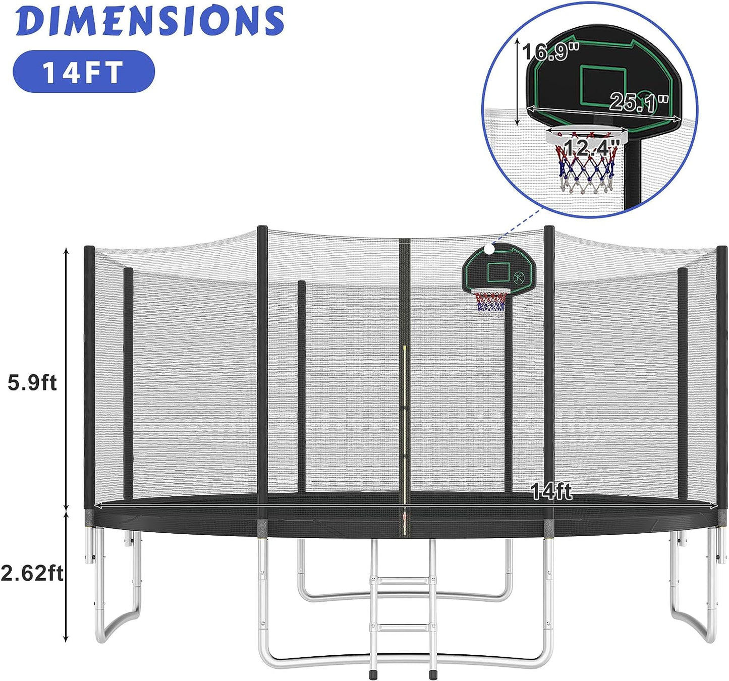 Trampoline 12FT 14FT 15FT 16FT Trampoline for Kids and Adults with Basketball Hoop, Enclosure Net & Wind Stakes, 1500LBS ASTM Compliant Outdoor Recreational Trampolines